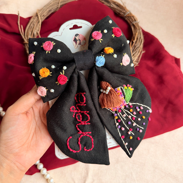 Aaina Mulicolour Personalized Bow Hair Clip – Black Handmade Floral Hair Accessory
