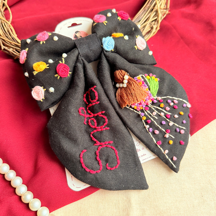 Aaina Mulicolour Personalized Bow Hair Clip – Black Handmade Floral Hair Accessory