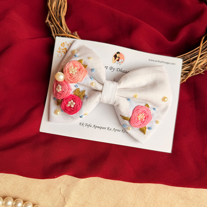 Lila Mini Hand Embroidered Floral Bow Hair Clip – Ivory Handmade Hair Accessory