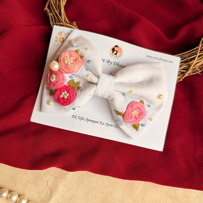 Lila Mini Hand Embroidered Floral Bow Hair Clip – Ivory Handmade Hair Accessory