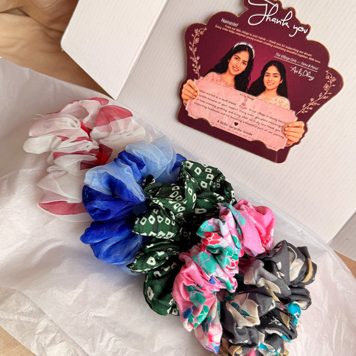 Floral Scrunchie Set – Handmade Printed & Organza Hair Scrunchie Set of 5