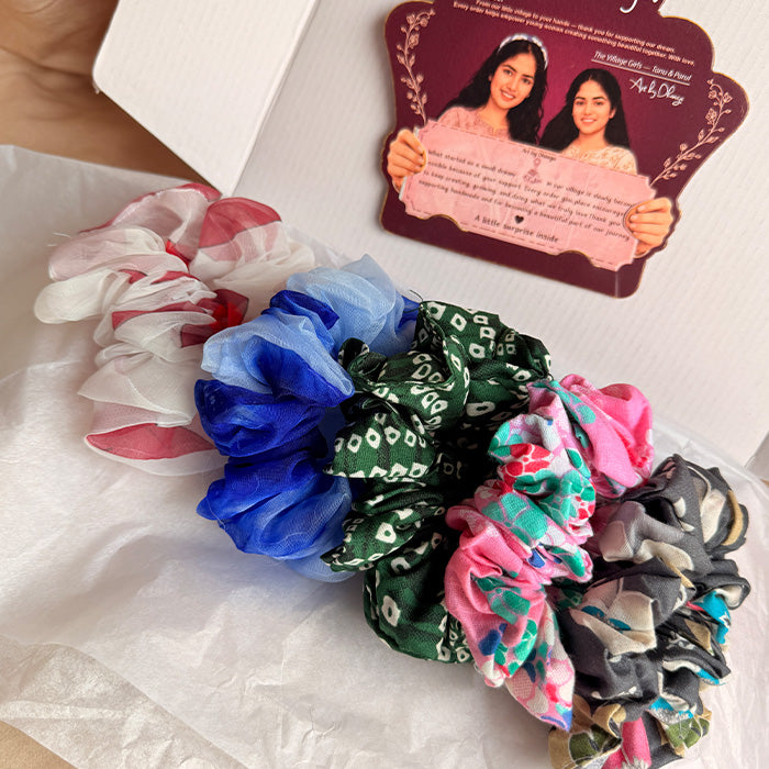 Floral Scrunchie Set – Handmade Printed & Organza Hair Scrunchie Set of 5