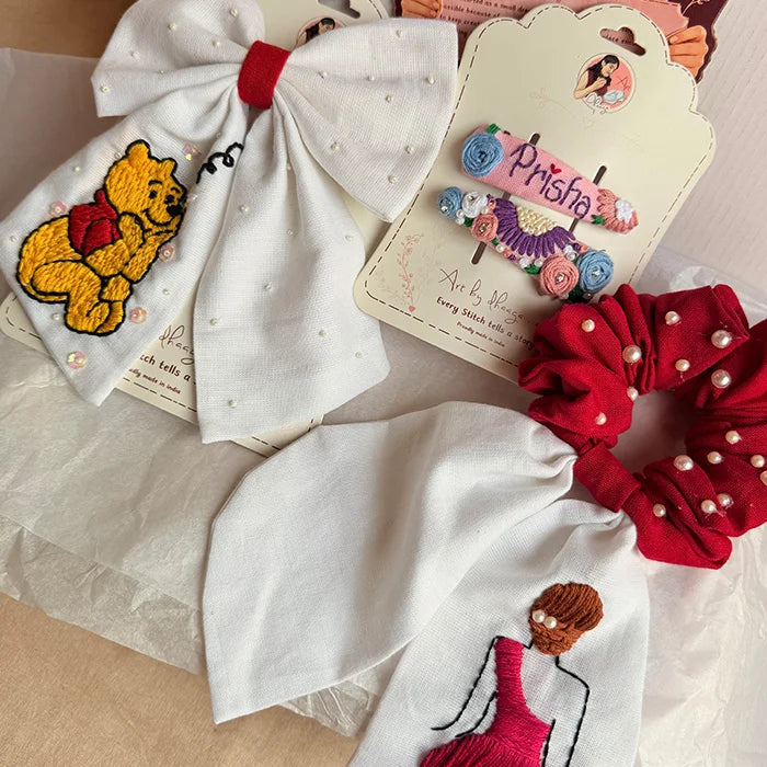 Pooh & Petals Hamper | Handmade Hand-Embroidered Hair Accessories Gift Set