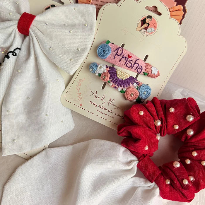 Pooh & Petals Hamper | Handmade Hand-Embroidered Hair Accessories Gift Set