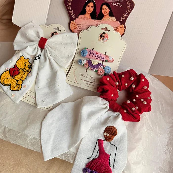 Pooh & Petals Hamper | Handmade Hand-Embroidered Hair Accessories Gift Set