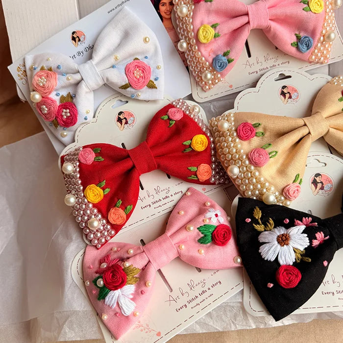 Noor-e-Gul Collection | Handmade Hand-Embroidered Floral Hair Bow Collection