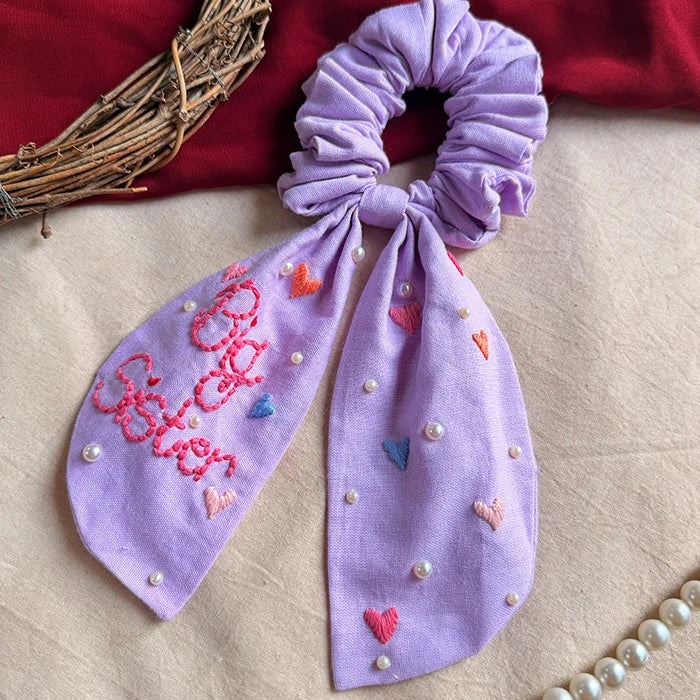 Lilac Dream Best Sister Hand Embroidered Wrist & Hair Scrunchie | Rakhi Special