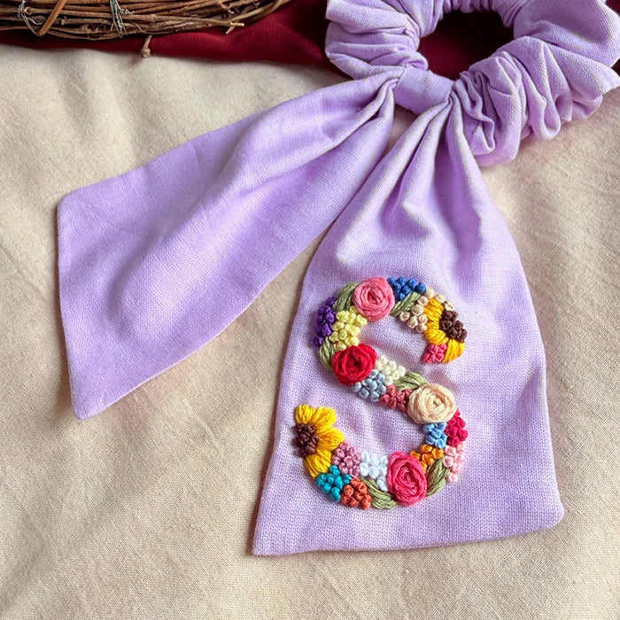 Lavender Letter Hand Embroidered Wrist & Hair Scrunchie | Rakhi Special