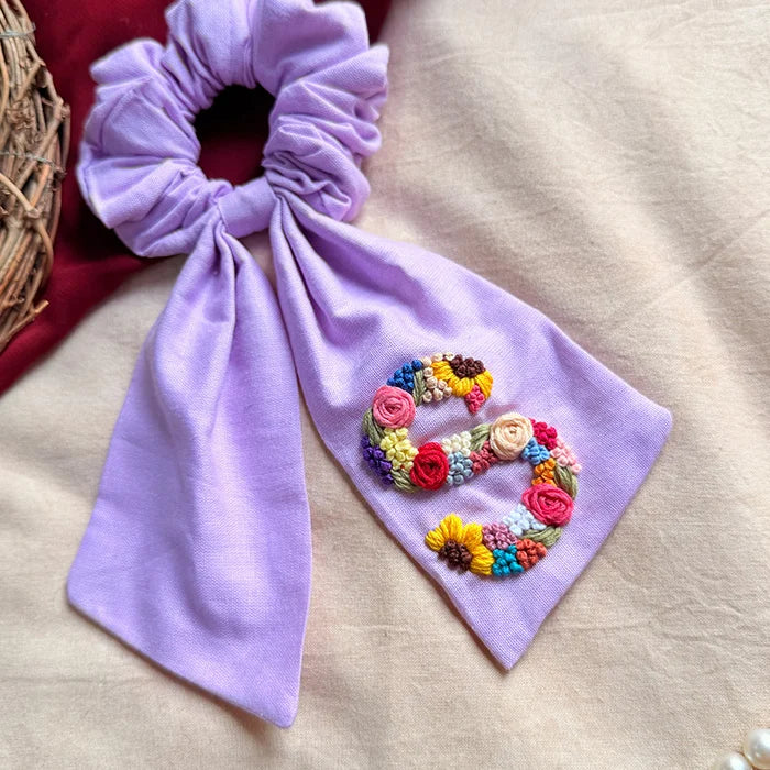 Lavender Letter Hand Embroidered Wrist & Hair Scrunchie | Rakhi Special