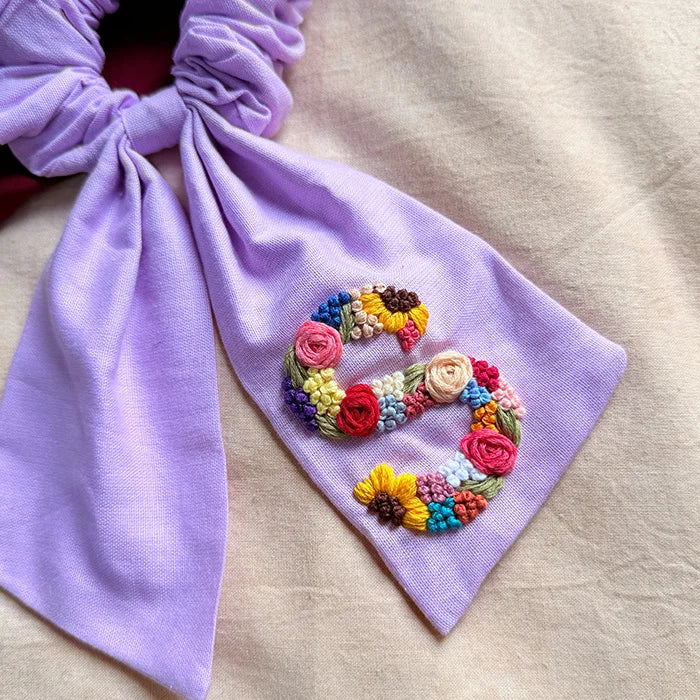 Lavender Letter Hand Embroidered Wrist & Hair Scrunchie | Rakhi Special