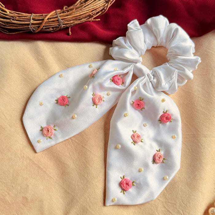 Pearl Bloom Hand Embroidered Wrist & Hair Scrunchie | Rakhi Special