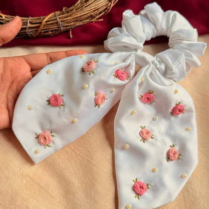 Pearl Bloom Hand Embroidered Wrist & Hair Scrunchie | Rakhi Special
