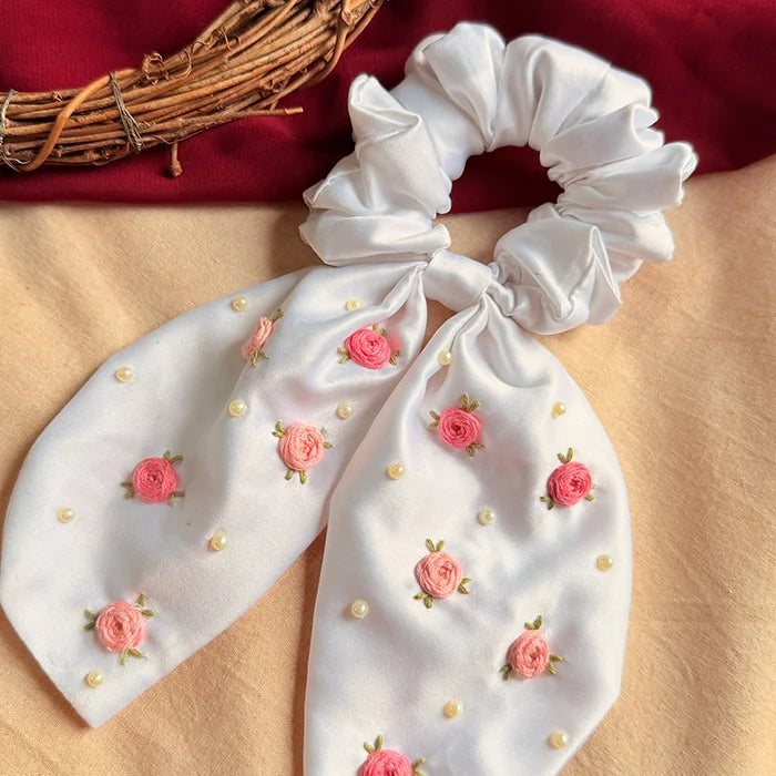 Pearl Bloom Hand Embroidered Wrist & Hair Scrunchie | Rakhi Special