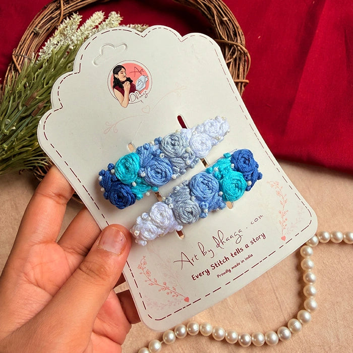 Waverly Hand-Embroidered Blue Floral Tic Tac Hair Clips