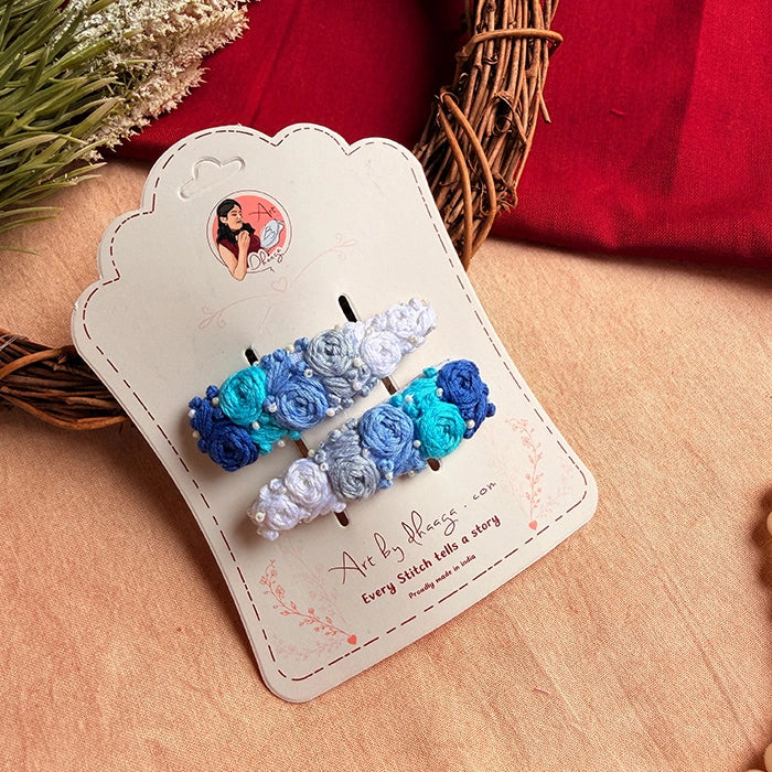Waverly Hand-Embroidered Blue Floral Tic Tac Hair Clips