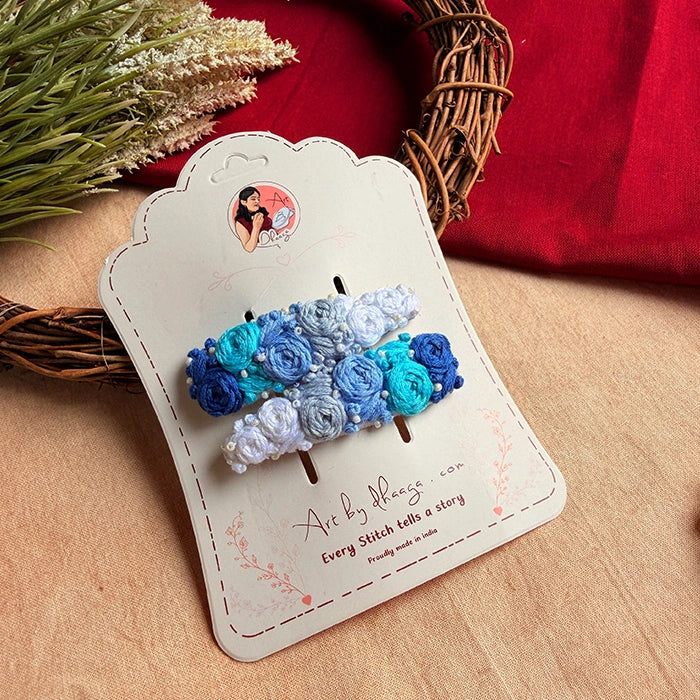 Waverly Hand-Embroidered Blue Floral Tic Tac Hair Clips