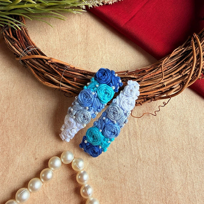 Waverly Hand-Embroidered Blue Floral Tic Tac Hair Clips