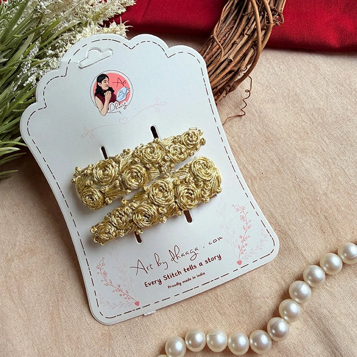 Swarna Hand-Embroidered Golden Floral Tic Tac Hair Clips