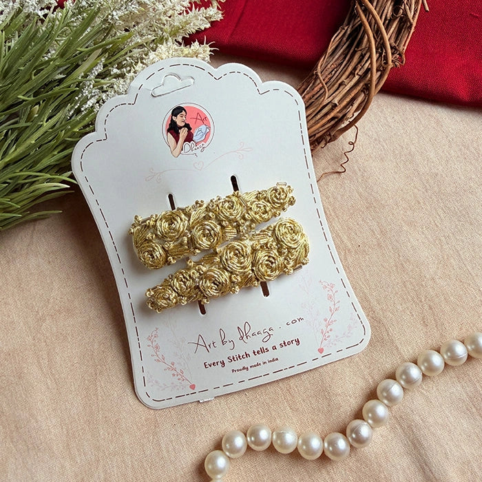 Swarna Hand-Embroidered Golden Floral Tic Tac Hair Clips