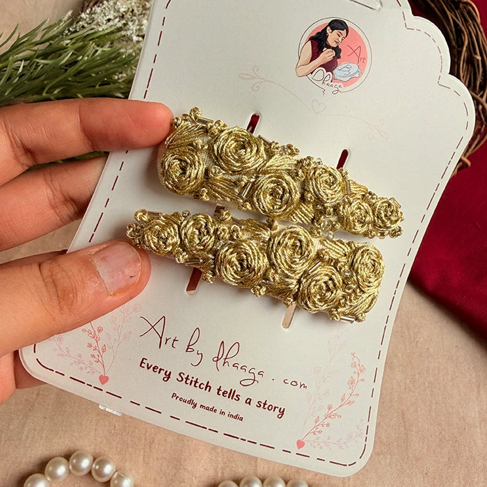 Swarna Hand-Embroidered Golden Floral Tic Tac Hair Clips