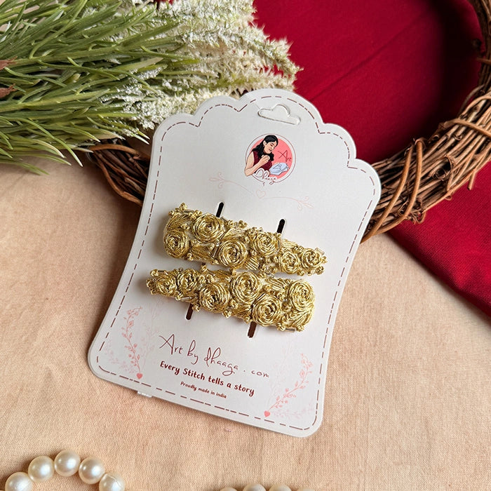 Swarna Hand-Embroidered Golden Floral Tic Tac Hair Clips