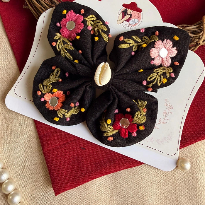 Black Butterfly Embroidered Bow | Handmade Floral Hair Bow