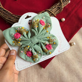 Green Butterfly Embroidered Bow | Handmade Floral Hair Bow