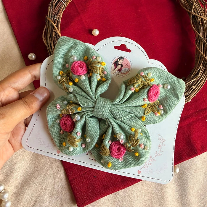 Green Butterfly Embroidered Bow | Handmade Floral Hair Bow