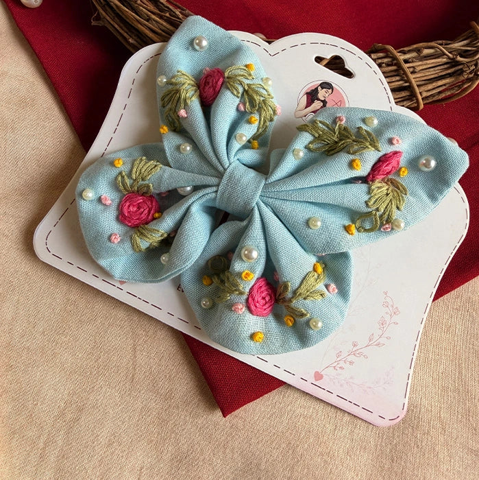 Sky Blue Butterfly Embroidered Bow | Handmade Floral Hair Bow