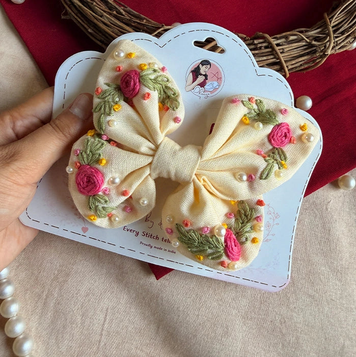 Lemon Yellow Butterfly Embroidered Bow | Handmade Floral Hair Bow