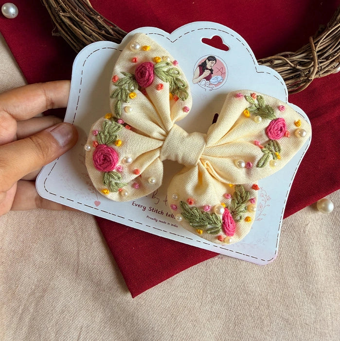 Lemon Yellow Butterfly Embroidered Bow | Handmade Floral Hair Bow