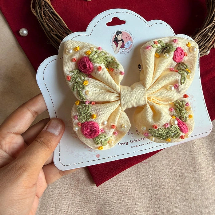 Lemon Yellow Butterfly Embroidered Bow | Handmade Floral Hair Bow