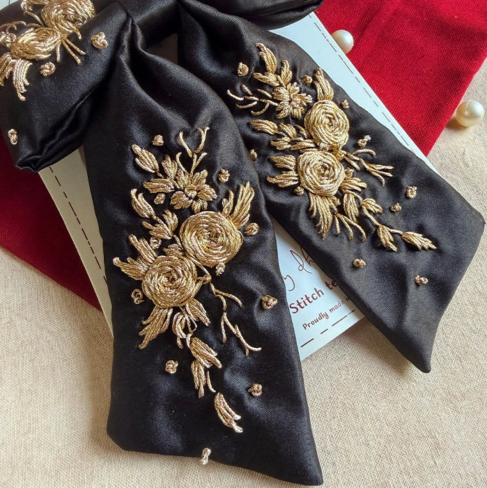 Night Gold Embroidered Hair Bow | Handmade Black & Gold Floral Bow