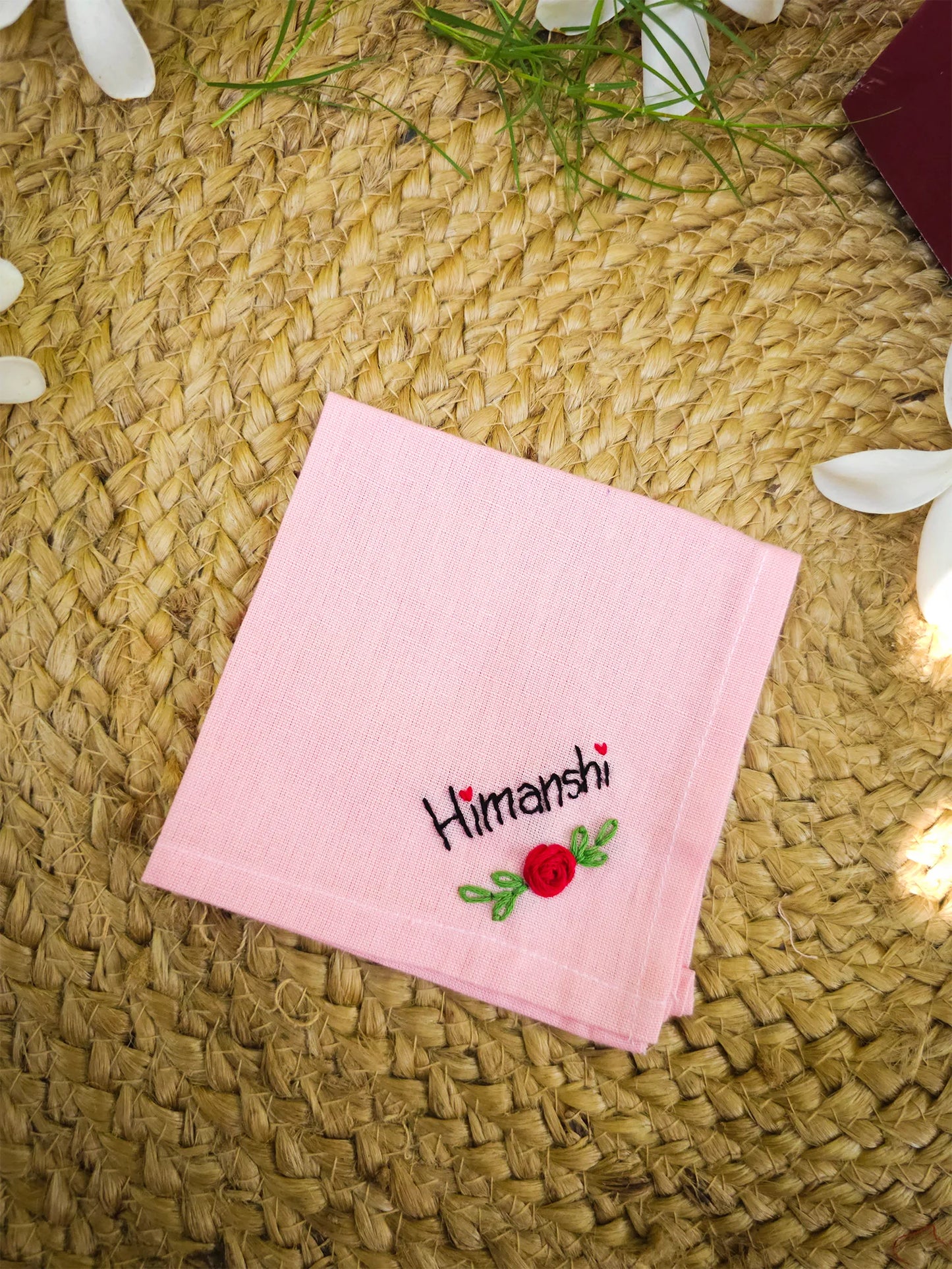 Rose Whisper Name Hankey – Hand Embroidered Personalised Gift