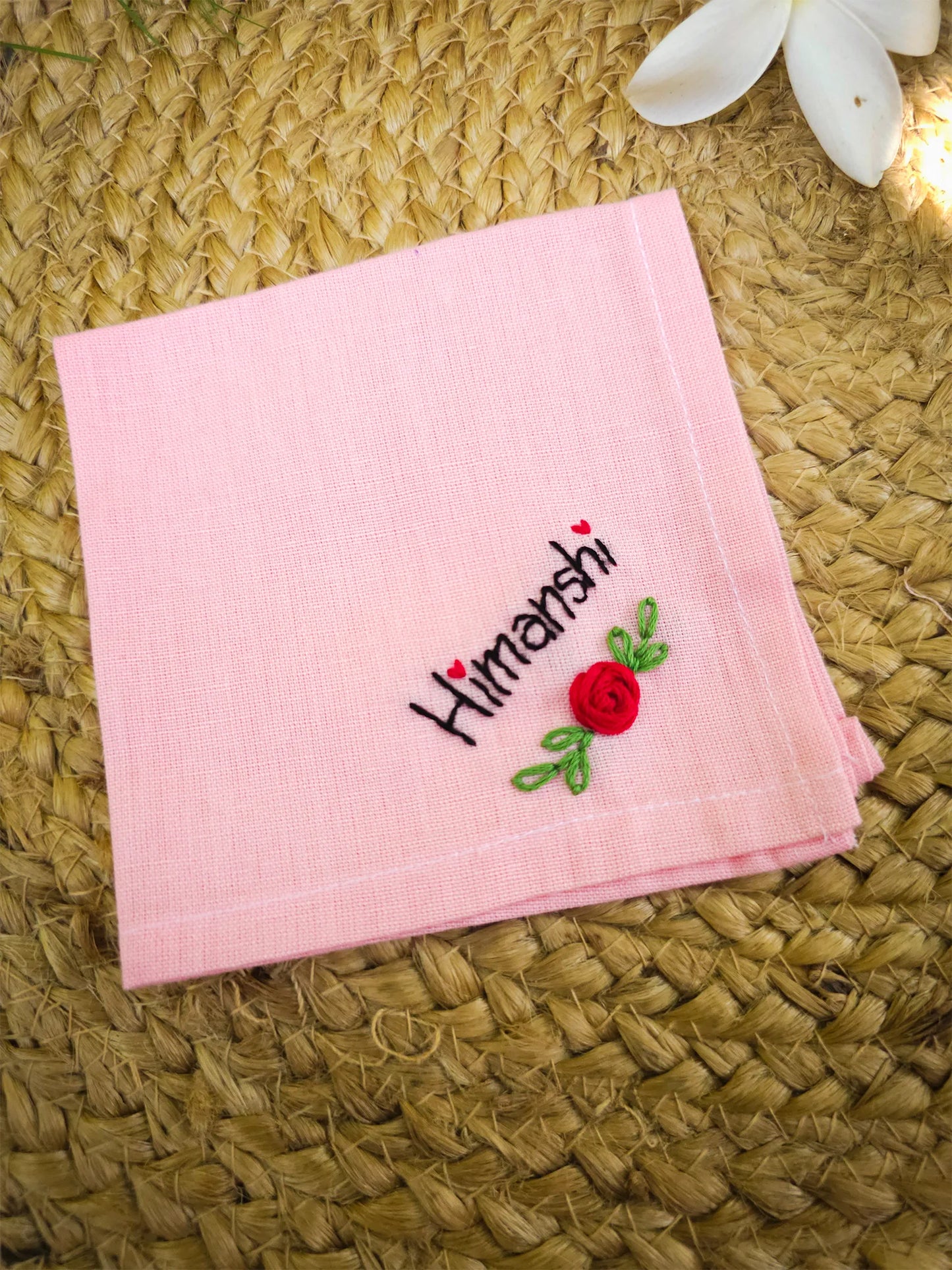 Rose Whisper Name Hankey – Hand Embroidered Personalised Gift