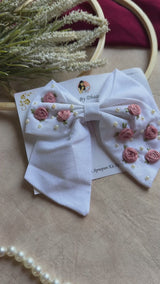 Baby Bloom White Hand Embroidered Floral Bow Hair Clip