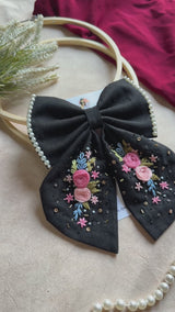 Gazel Hand Embroidered Floral Bow Hair Clip – Black