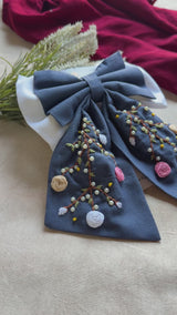 Aaradhya Denim Blue Hand Embroidered Bow Hairband