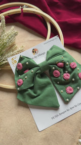 Baby Bloom Green Hand Embroidered Floral Bow Hair Clip
