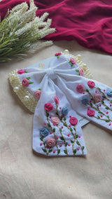 Apsara White Hand Embroidered Floral Bow Hair Clip