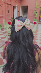 Beige Floral Noor Mini Pearl Bow