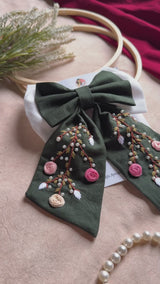 Aaradhya Hand Embroidered Floral Bow Hair Clip – Deep Green