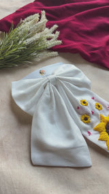 Be My Sunflower White Hand Embroidered Bow Hair Clip