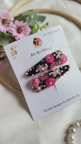 Tara Hand Embroidered Black Floral Tic-Tac Hair Clips with Pearl Detailing