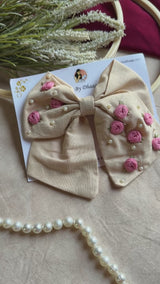 Baby Bloom Beige Hand Embroidered Floral Bow Hair Clip