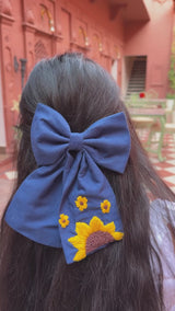 Be My Sunflower Blue Hand Embroidered Bow Hair Clip