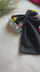 Initial Black Bow – Hand Embroidered Personalized Floral Pearl Hair Bow