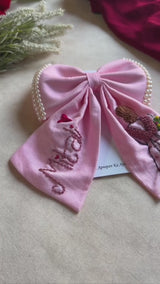 Doll Pink Bow – Hand Embroidered Personalized Pearl Hair Bow