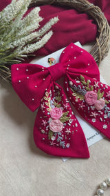 Ruby Rosette Hand Embroidered Floral Hair Bow
