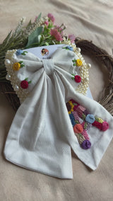Initial White Personalized Hand Embroidered Pearl Bow Hair Accessory